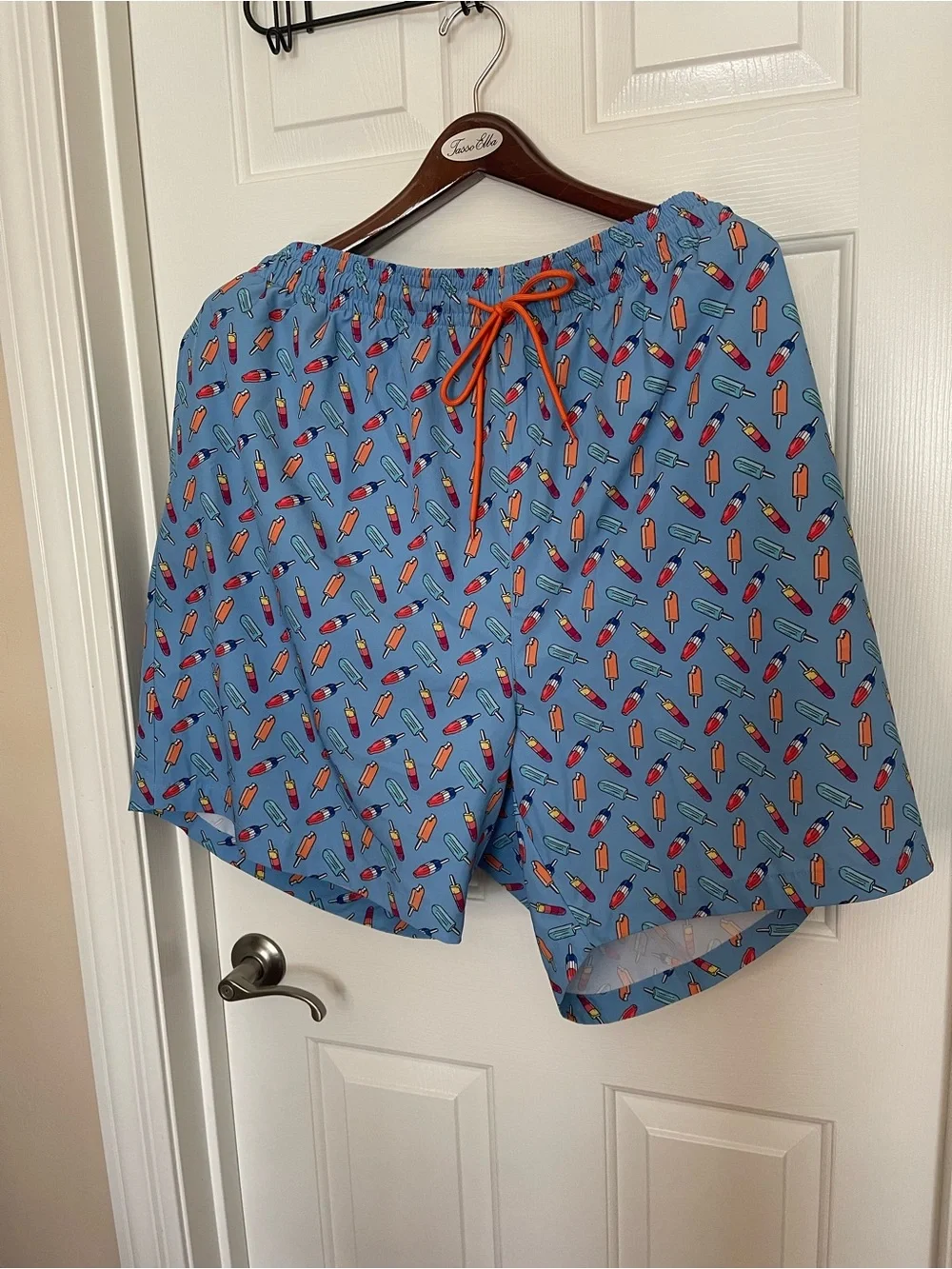 Caribbean Blue Swim Trunks with Orange Drawstring